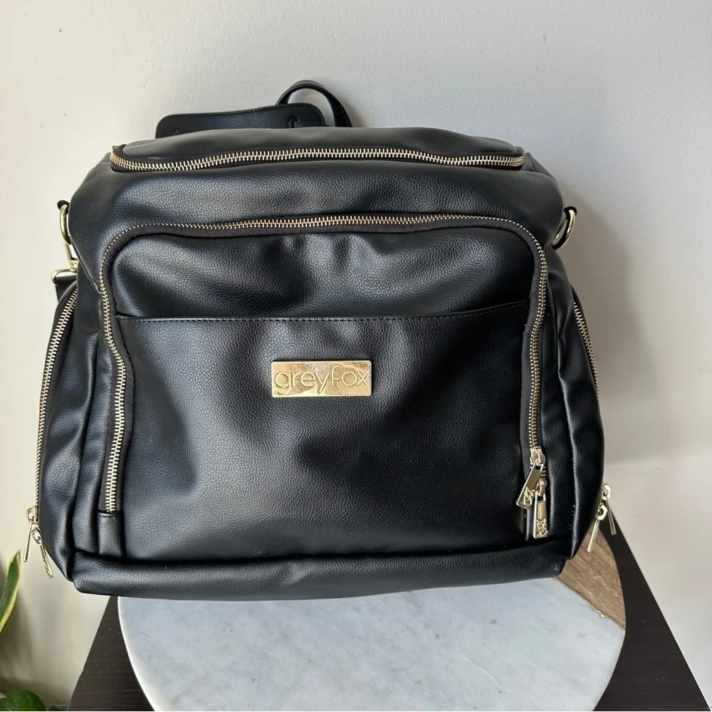 Greyfox Diaper Bag Vegan Leather Black Backpack with shoulder Strap Large